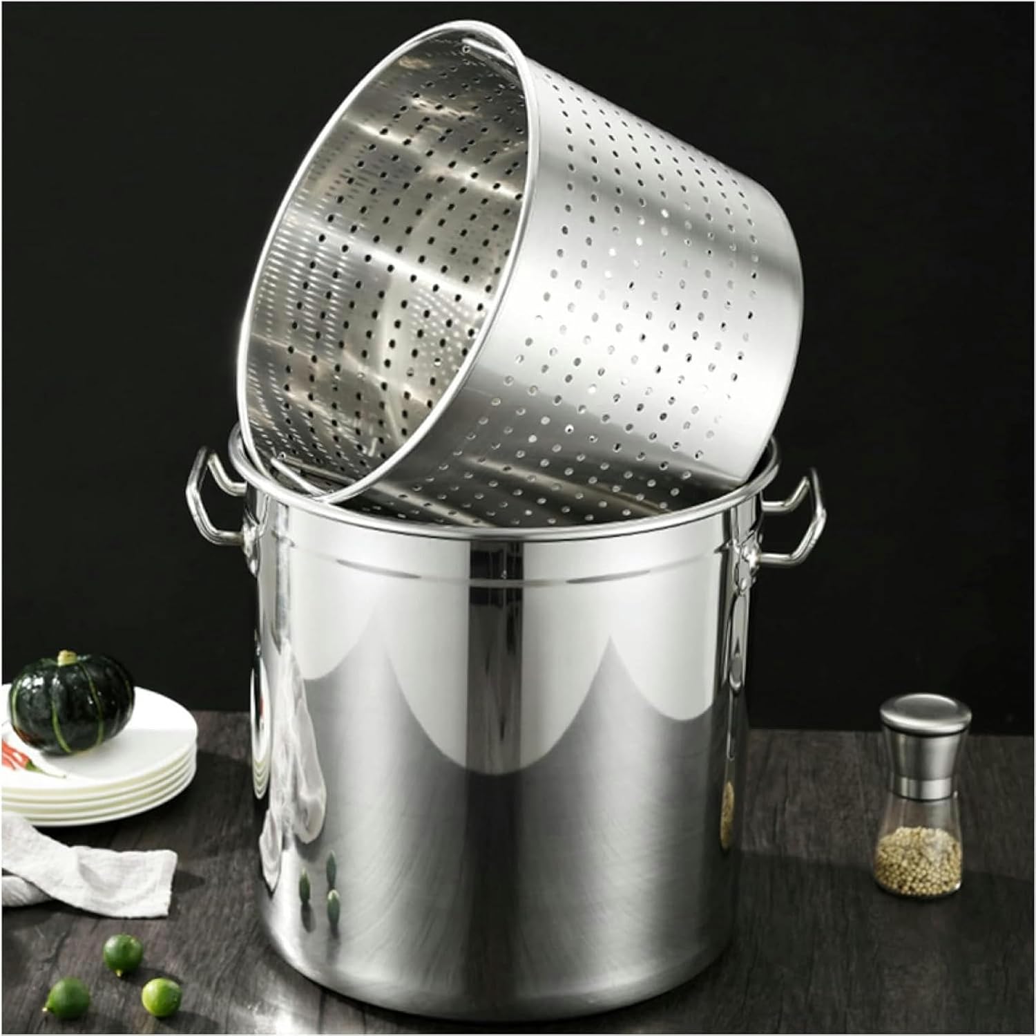 Restaurant Kitchen Stainless Steel Pasta Seafood Basket Steamer Pot Soup Stock Pots with Boiling Basket for Lobster Crab Boil and Shrimp Boil / 63qt(27qt)