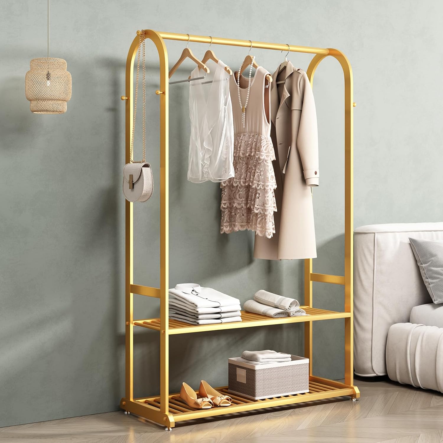 Gold Clothing Rack - Heavy Duty, Small Wardrobe Rack with Bottom Shelves for Hanging Clothes (L:39.4IN)