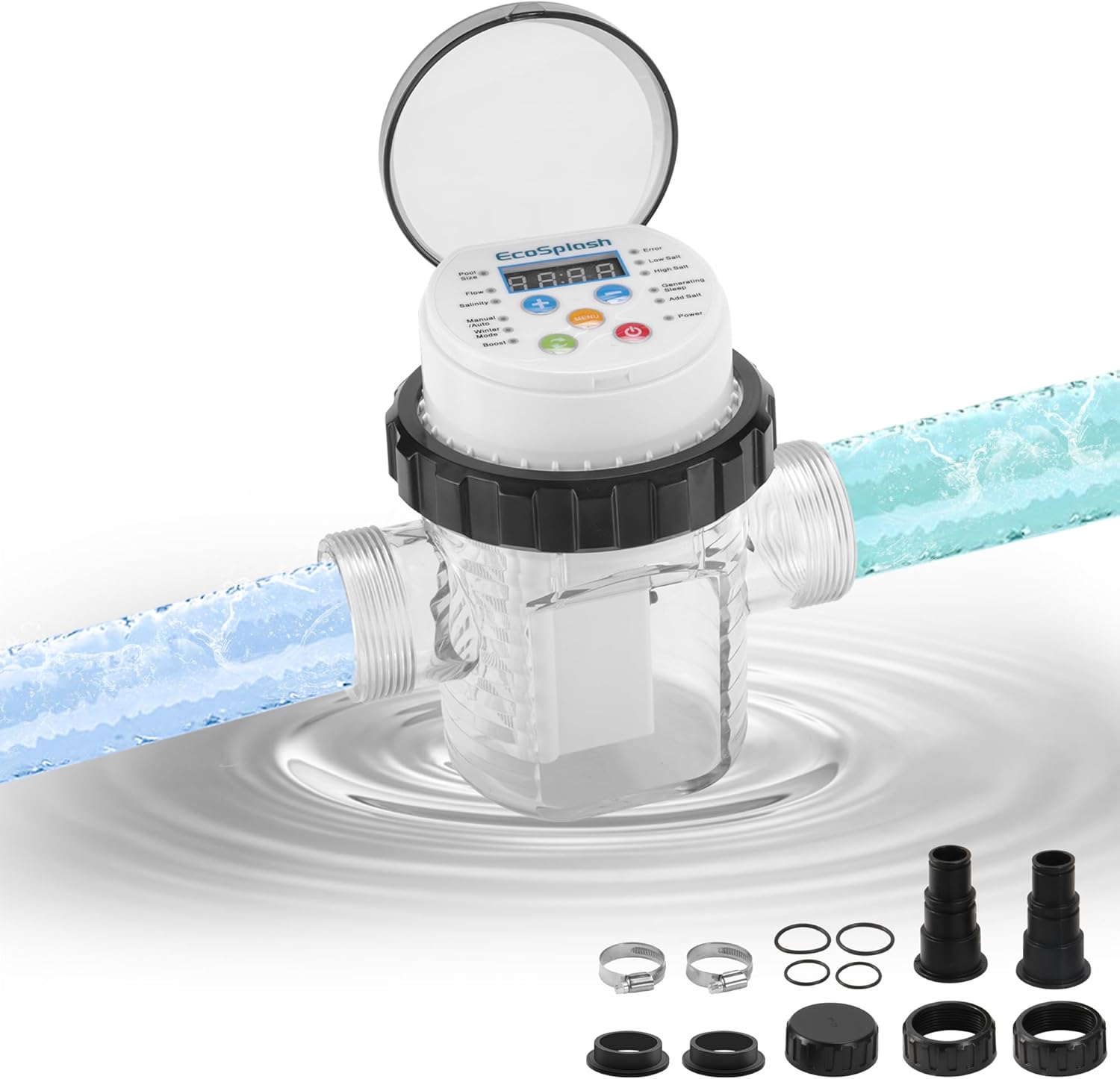 Automatic Saltwater Chlorinator for Above-Ground Pools – High-Efficiency Pool Salt Water Chlorination System up to 20,000 Gallons with Self-Cleaning Cell, Adapter and Test Strip