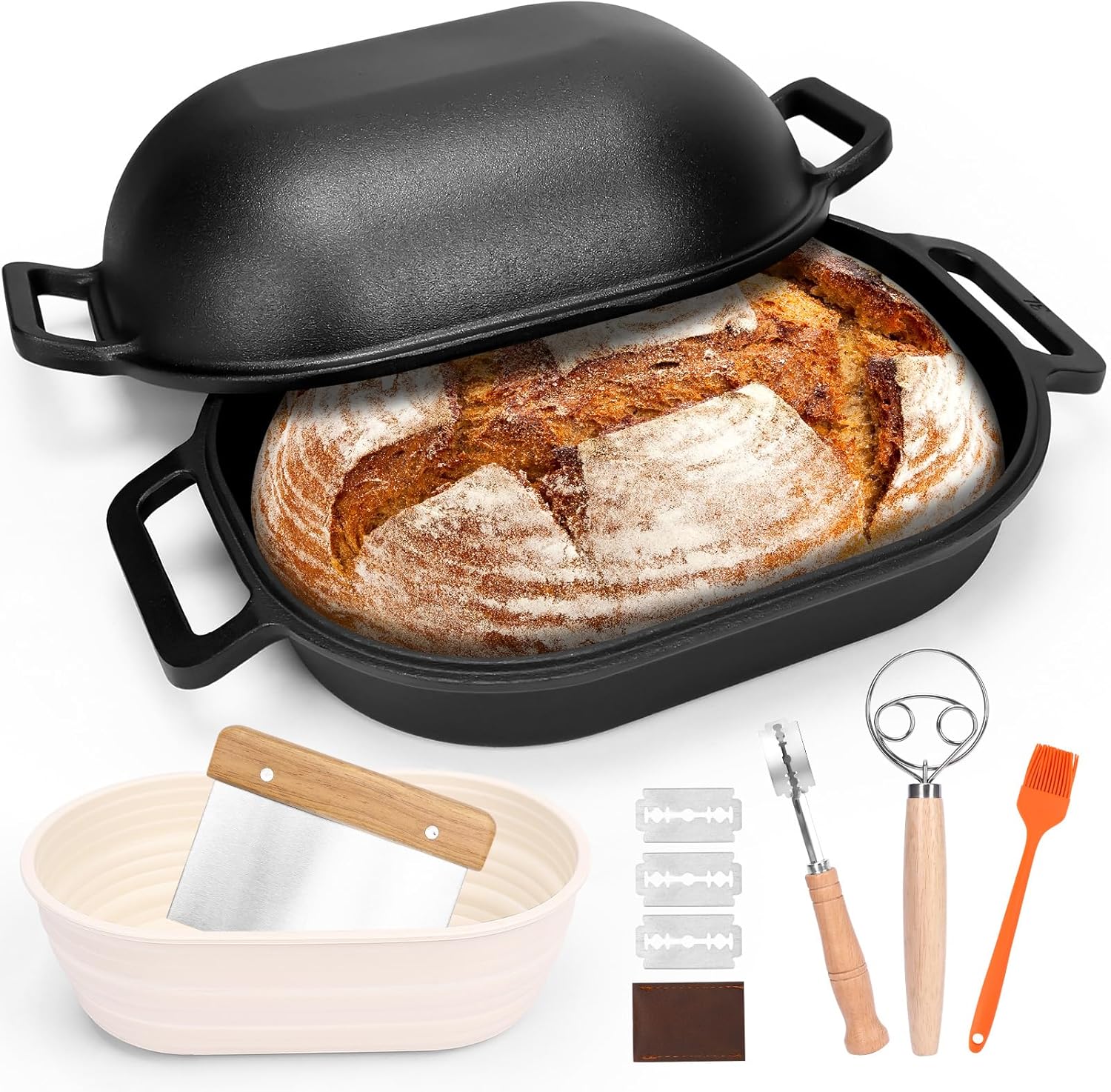QuliMetal Large Bread Loaf Pan With Sourdough Bread Making Kit, Sourdough Oval Bread Dutch Oven With Lid Pre-Seasoned, 9.5QT, 13 LBS Heavy Duty, Homemade Breadmaking, Non-Stick