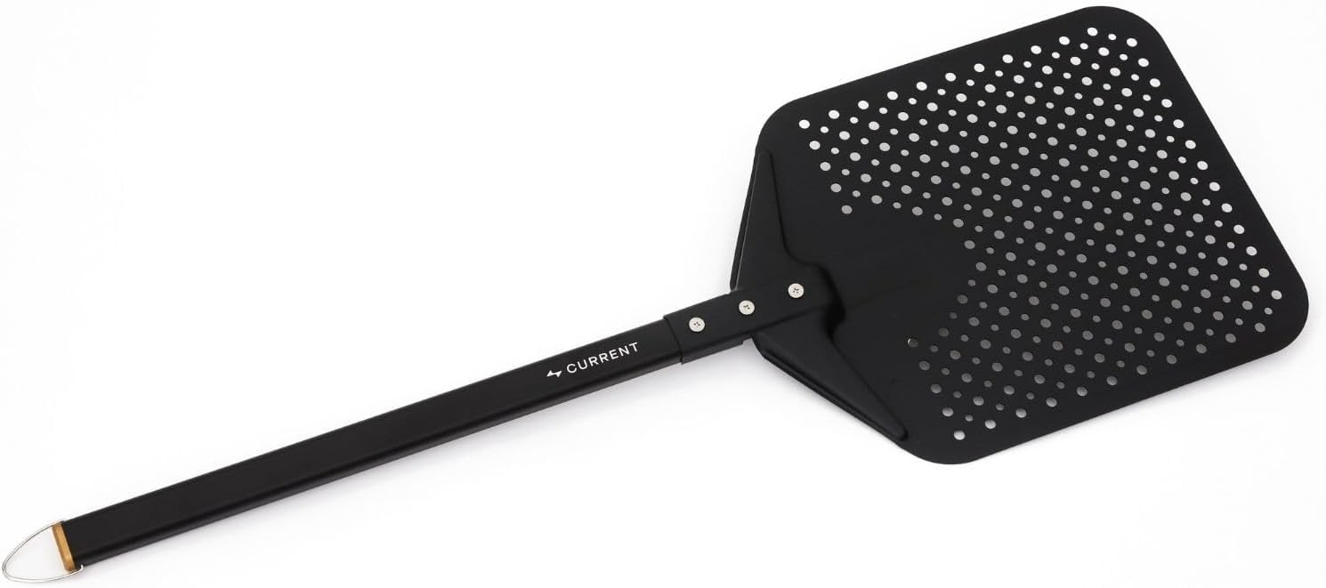 CURRENT® Perforated Pizza Peel, Lightweight Aluminum Pizza Paddle Turner with Heat-Resistant Handle, Ultra-Thin Edge for Easy Transfers, Minimizes Sticking, Ideal for Outdoor Pizza Ovens