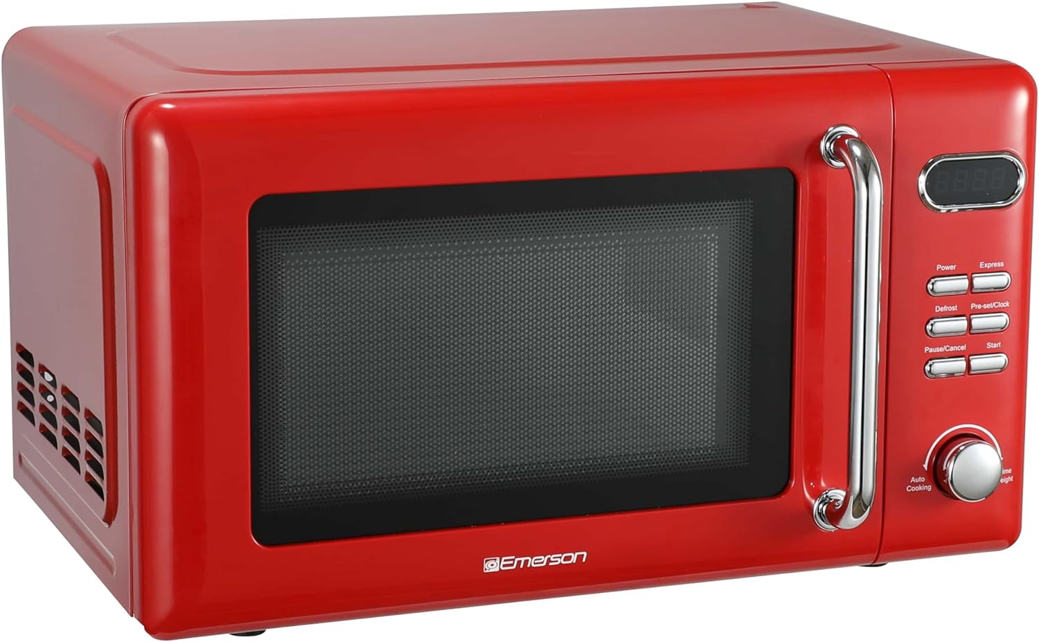 Emerson MWR7020RD Compact Countertop Microwave Oven with Button Control, LED Display, 700W 5 Power Levels, 8 Auto Menus, Glass Turntable and Child Safe Lock, 0.7, Retro Red