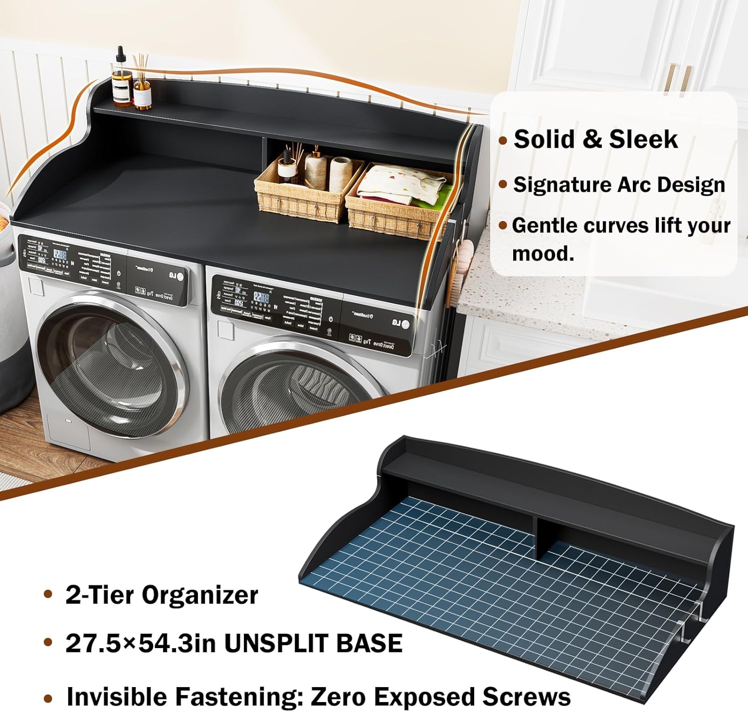 2-Tier Washer Dryer Countertop, Laundry Countertop with Edge Rails, Universal Fit 54