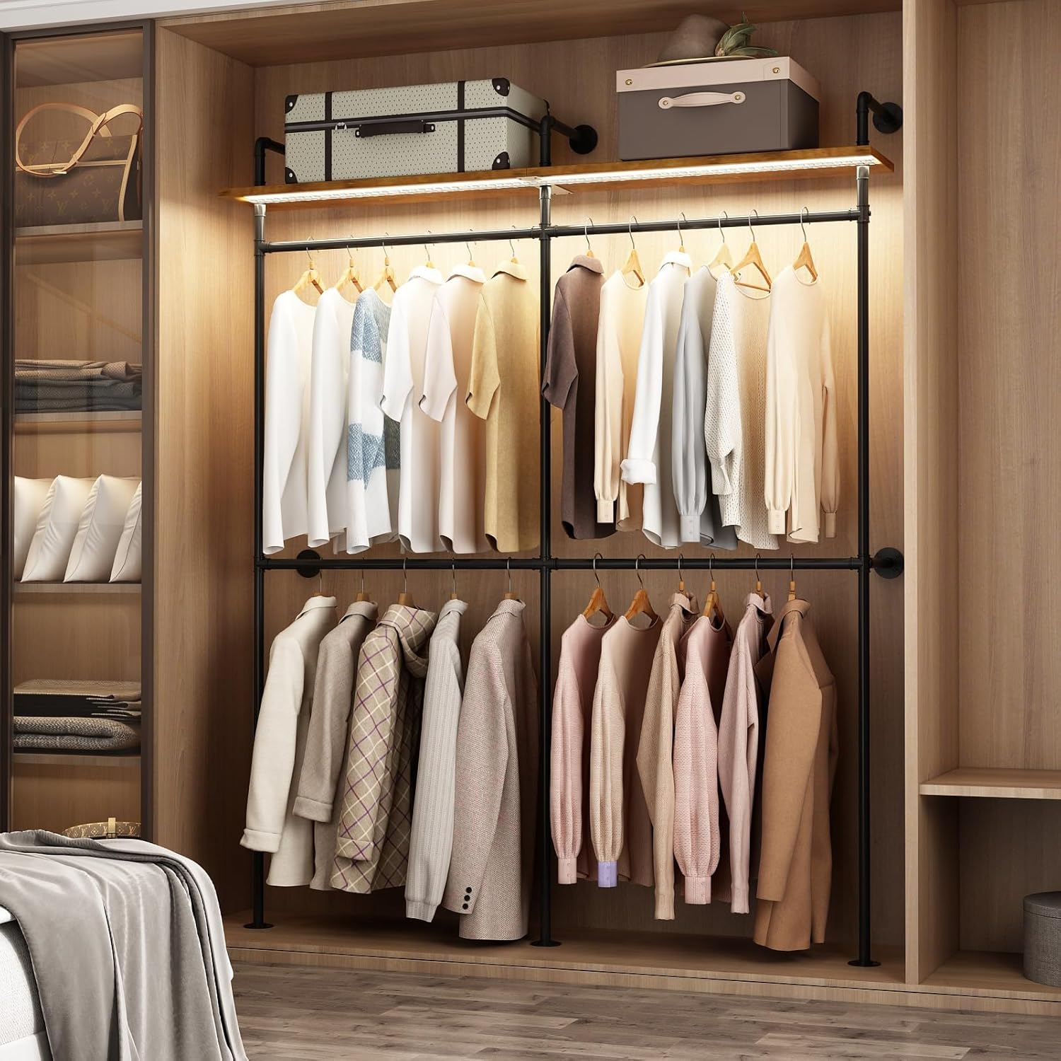 Industrial Pipe Gold Clothing Racks Wall Mounted, Rustic Gold Industrial Pipe Clothes Rack Design - Stylish & Heavy Duty Corner Garment Racks, Perfect for Home or Retail Display