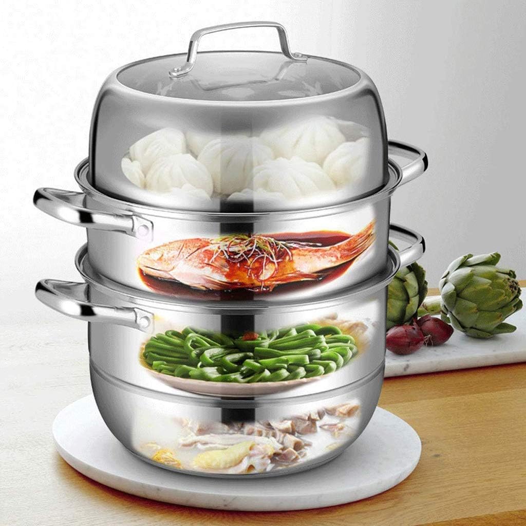 Steamer 304 Stainless Steel Household Three-layer Thick Two-two-layer Large Steamer Drawer Multi-layer Induction Cooker(One Color-30cm
