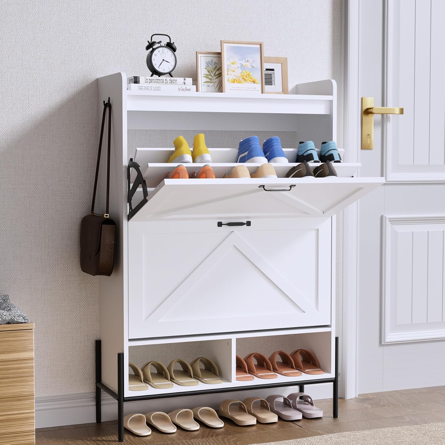 GarveeHome Shoe Cabinet with 2 Flip Drawers,Freestanding Shoe Storage Cabinet Organizer for Entryway,Narrow Shoe Rack Cabinet,Dry and Wet Separation Shoe Organizer with Metal Legs,White