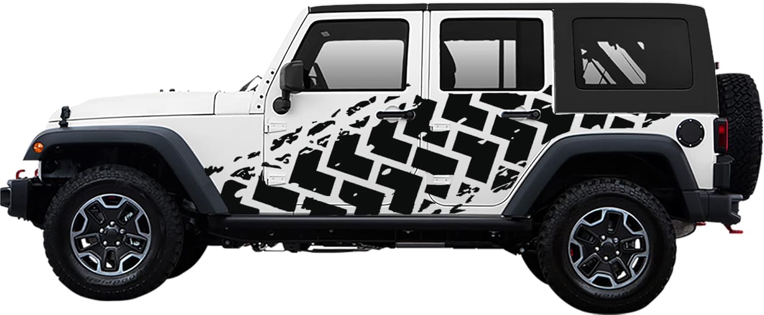 Tire Track Side Graphic Vinyl Decal Sticker Compatible with Jeep Wrangler 2007-2018 4 Door (Pair) (Matte Black)