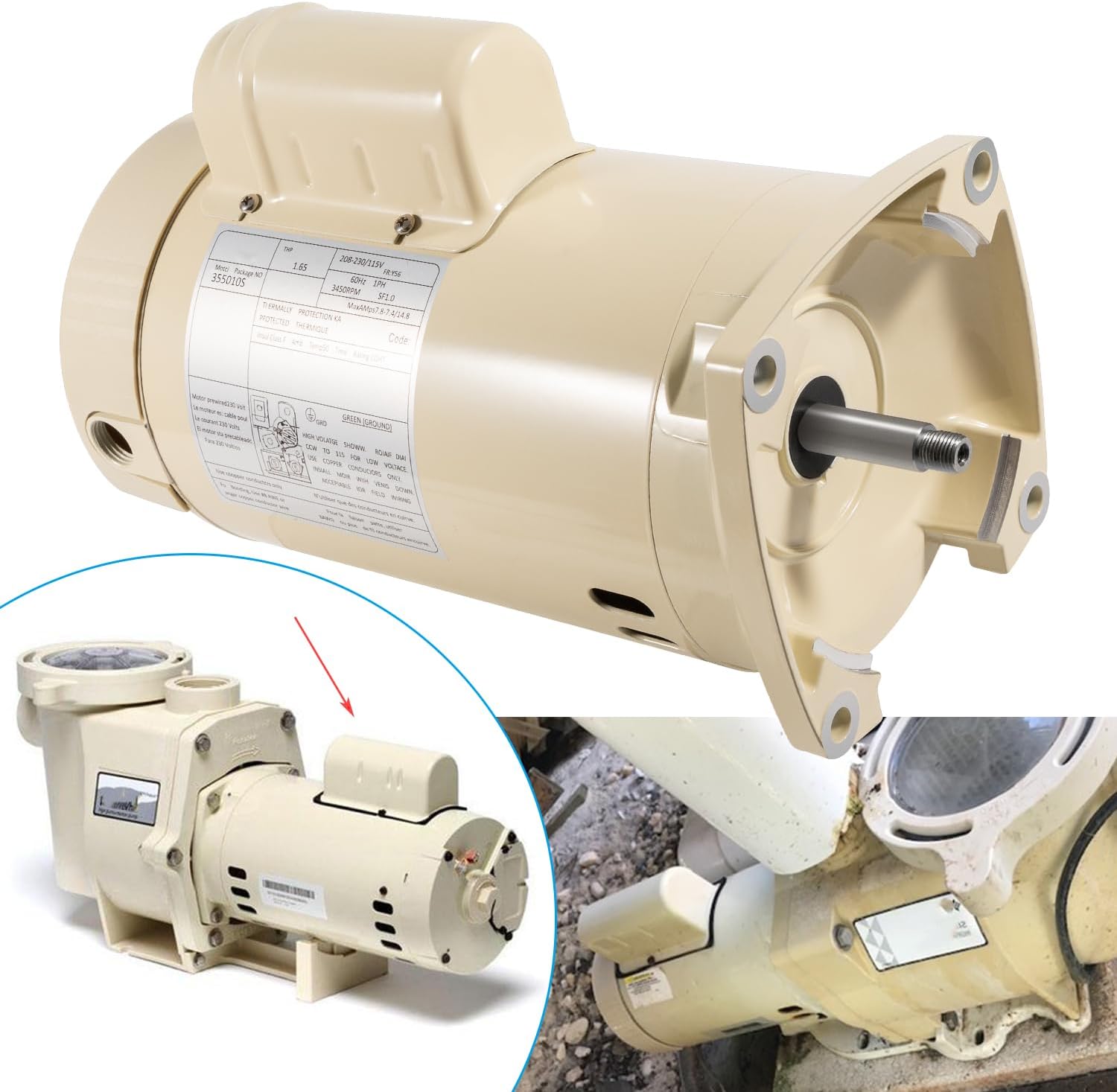 355010S Pool Pump Motor 1 HP Replacement Motor Parts Fit For Whisperflo High Performance Pool Pumps WFE-4 & WFE-26, Square Flange Pool Motor