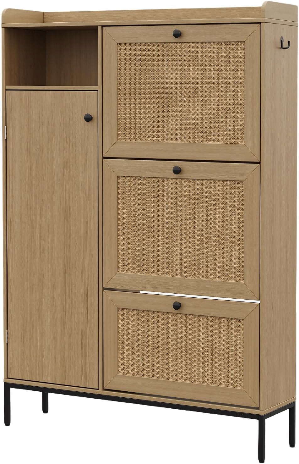 3 Tier Shoe Cabinet, Rattan Shoe Organizer with Flip Drawers, Adjustable Shelves and Top Grate, Narrow Free Standing Wood Shoe Storage Cabinet for Entryway, Hallway, Bedroom