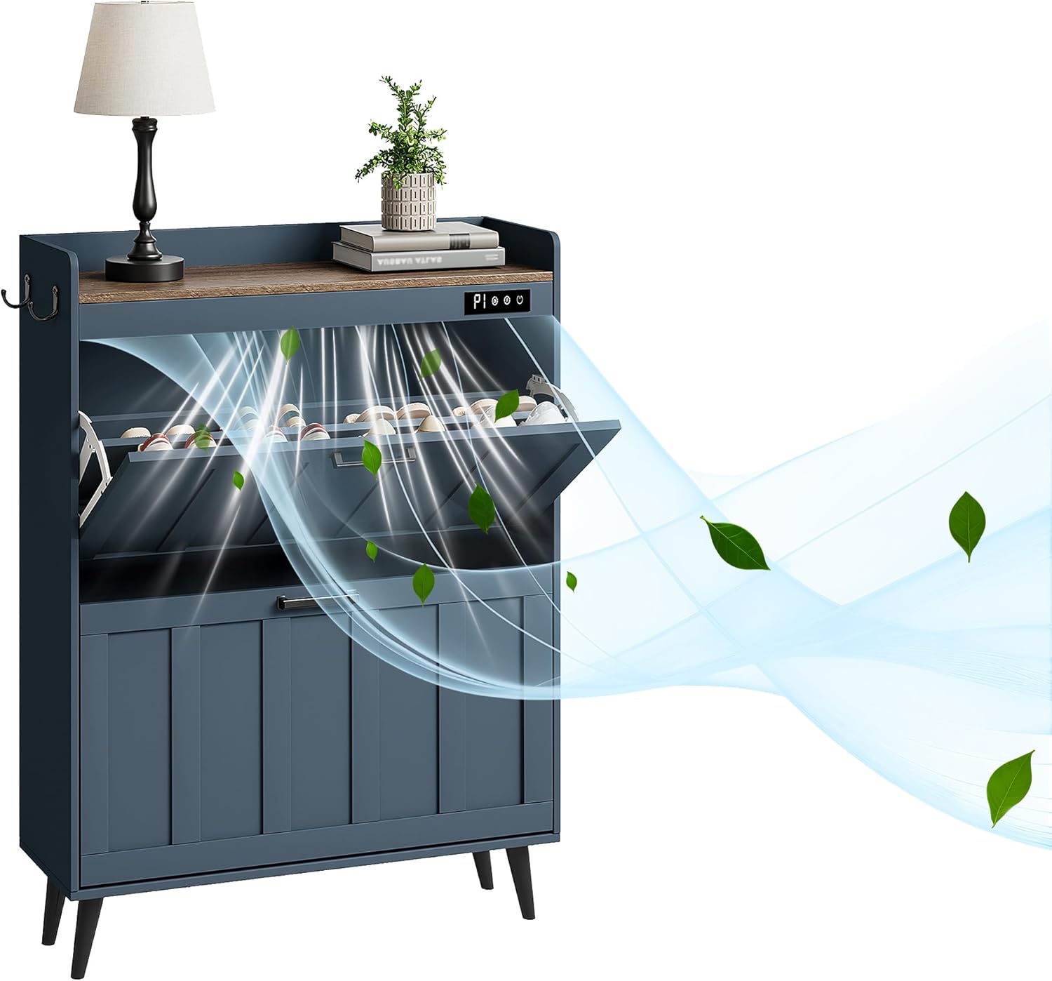 ChooChoo Shoe Storage Cabinet with 2 Flip Drawers, Deodorizing Shoe Organizer Storage for Entryway, Freestanding Hidden Slim Narrow Shoe Rack Cabinet, Blue