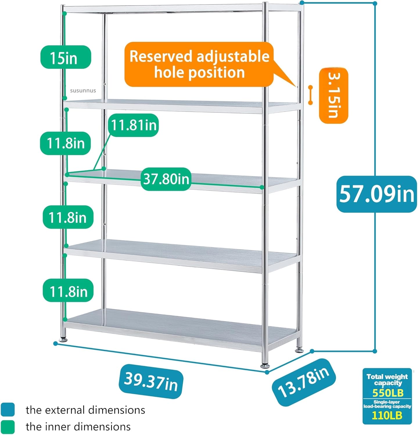susunnus Stainless Steel Shelves 39.4in-5 Tier, Stainless Steel Shelf Organizer, Kitchen Storage Shelves, Artistic Texture, Pragmatic & Sturdy & Waterproof
