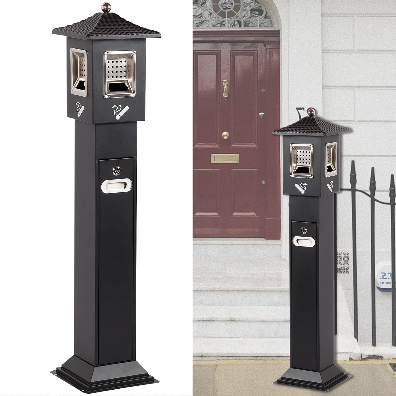 120cm Standing Waste Containers Trash Cans, Rubbish Bin Indoor Outdoor Stainless Steel Vertical Freestand Trash Bin with Key,Pub Hotel Restaurant Garden Standing Bin (A)