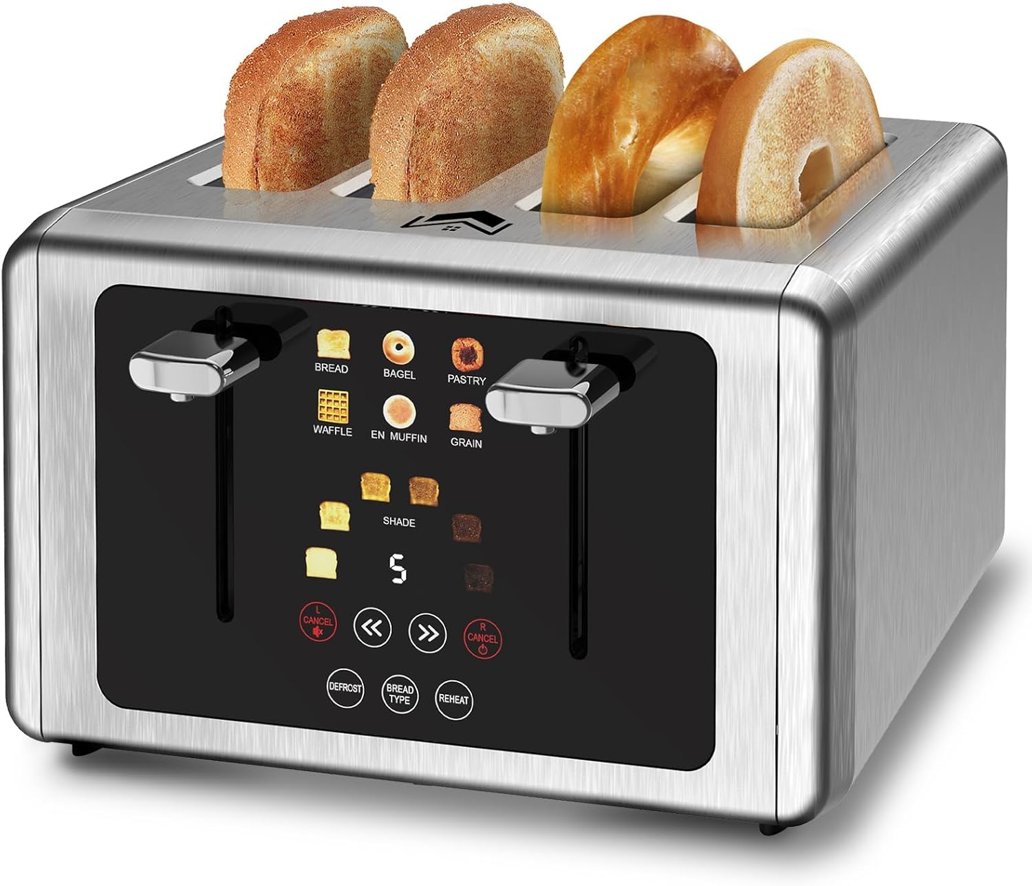 4 Slice Toaster, Touchscreen & Dual Independent Control Panel,Digital Countdown Toasters, 6 Shade Settings＆6 Bread Types, Smart Mute/Screen-Off,Silver