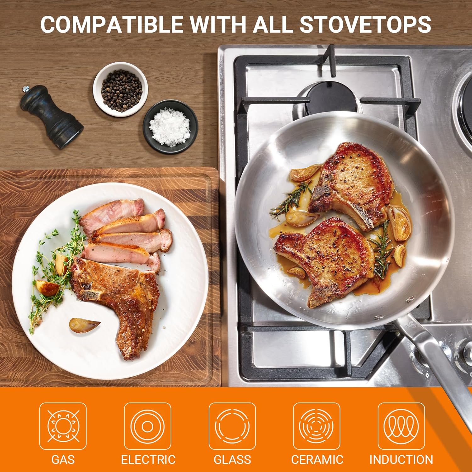 10 Inch Stainless Steel Frying Pan - 5 Ply Stainless Clad Skillet with Aluminum Core, Durable and Even Heating, Professional Cookware for Induction, All Stoves, Oven and Dishwasher Safe