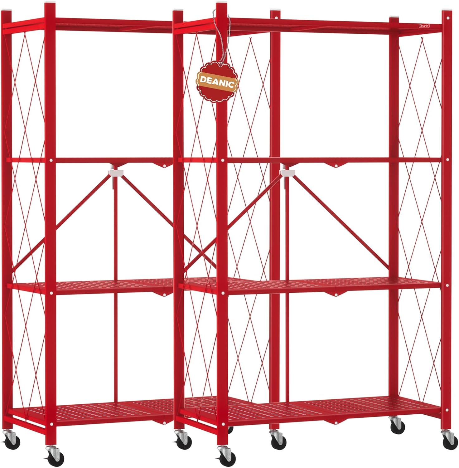 DEANIC 4 Tier Foldable Storage Shelves with Wheels, Large Capacity Shelving Unit, Freestanding Metal Wire Shelf Rack, No Assembly Organizer Rack for Garage Kitchen, Basement, Pantry(Red Pack of 2)