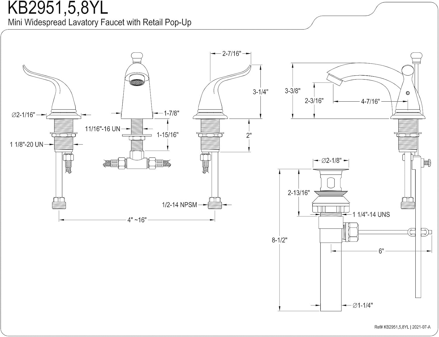 Kingston Brass KB2958YL Yosemite Mini Widespread Two Handle Lavatory Faucet, 4-1/2 inch in Spout Reach, Brushed Nickel