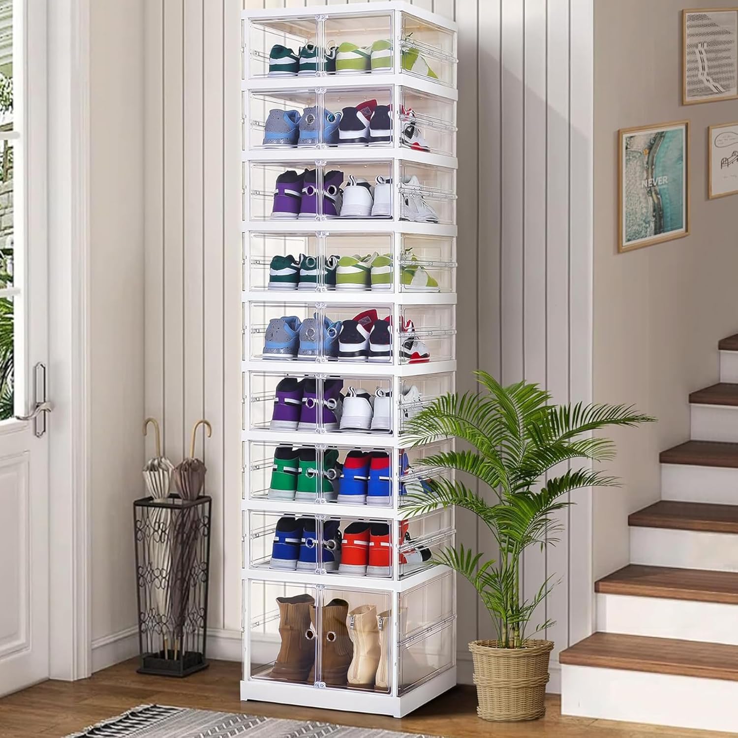 Foldable Storage Box - Easy Assembly Clear Plastic Stackable Shoe Storage Cabinet Organizer with Lids - Large Size Shoe Rack (9 layers clear)