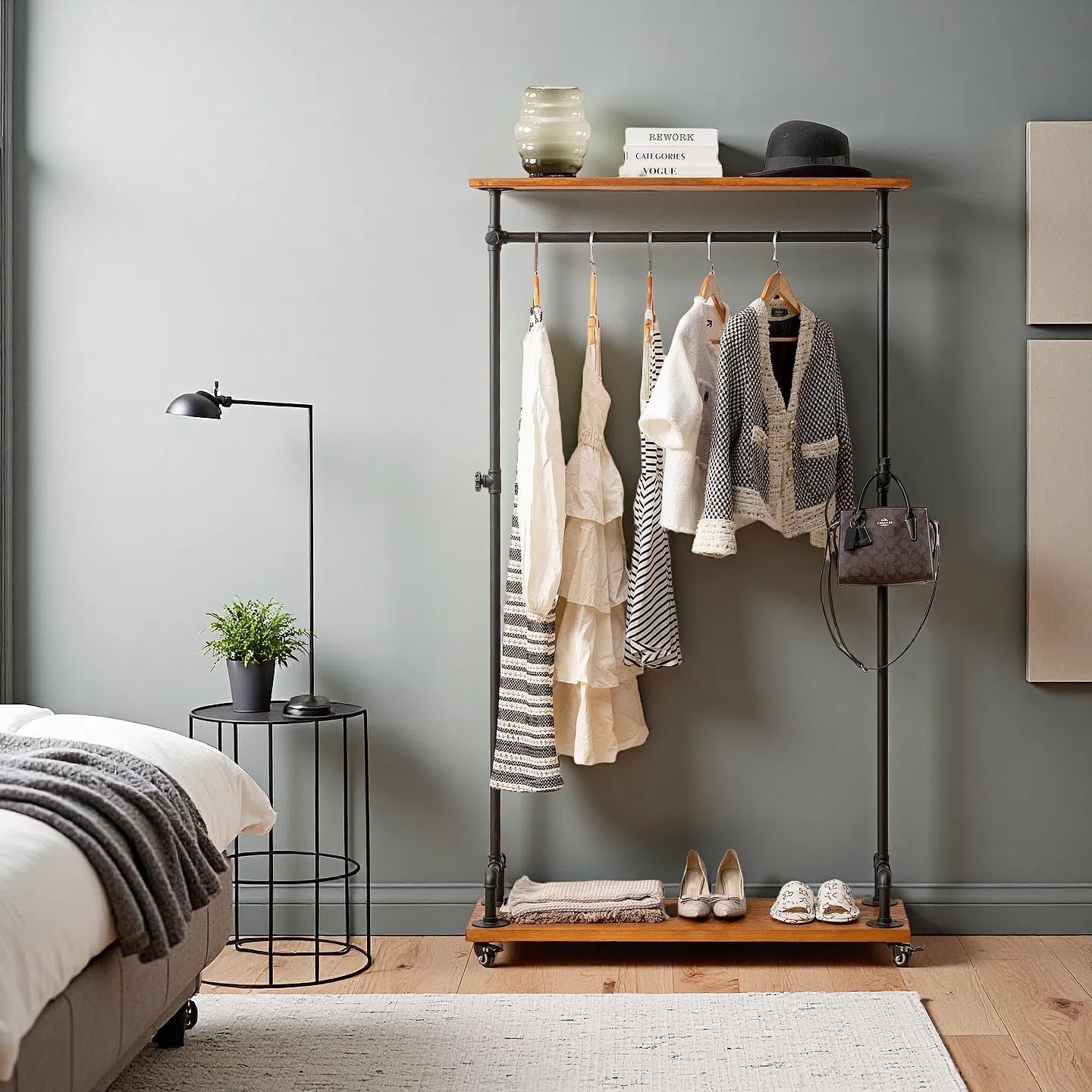 Industrial Pipe Clothing Racks, Rolling Garment Racks, Hall Tree on Lockable Wheels with Shelves and Shoes Storage, Heavy Duty Clothes Rack (two tiers garment rack)