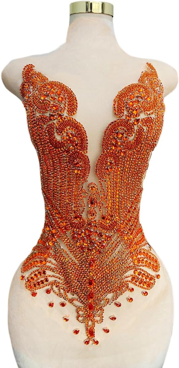 Large Bodice Applique Sequin Rhinestones Fine Appliques Handsewing Crystals and Beads for Dress Clothes Accessories 9.4X23.6inches (Orange)