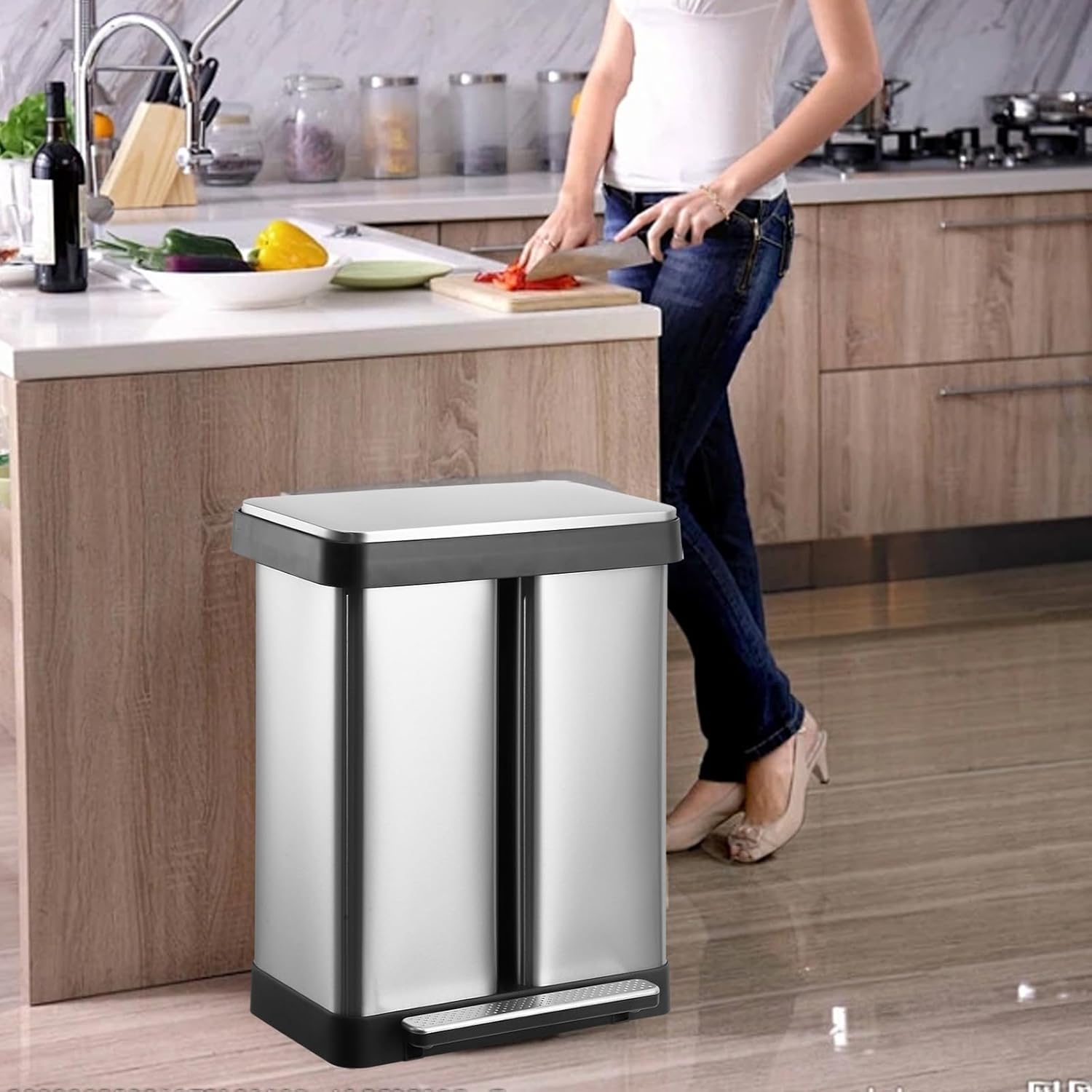 19 Gallon/72 L Dual Compartment Trash Can, Stainless Steel Garbage Can with Soft-Close Lid for Kitchen, Office, Without Removable Inner Bucket