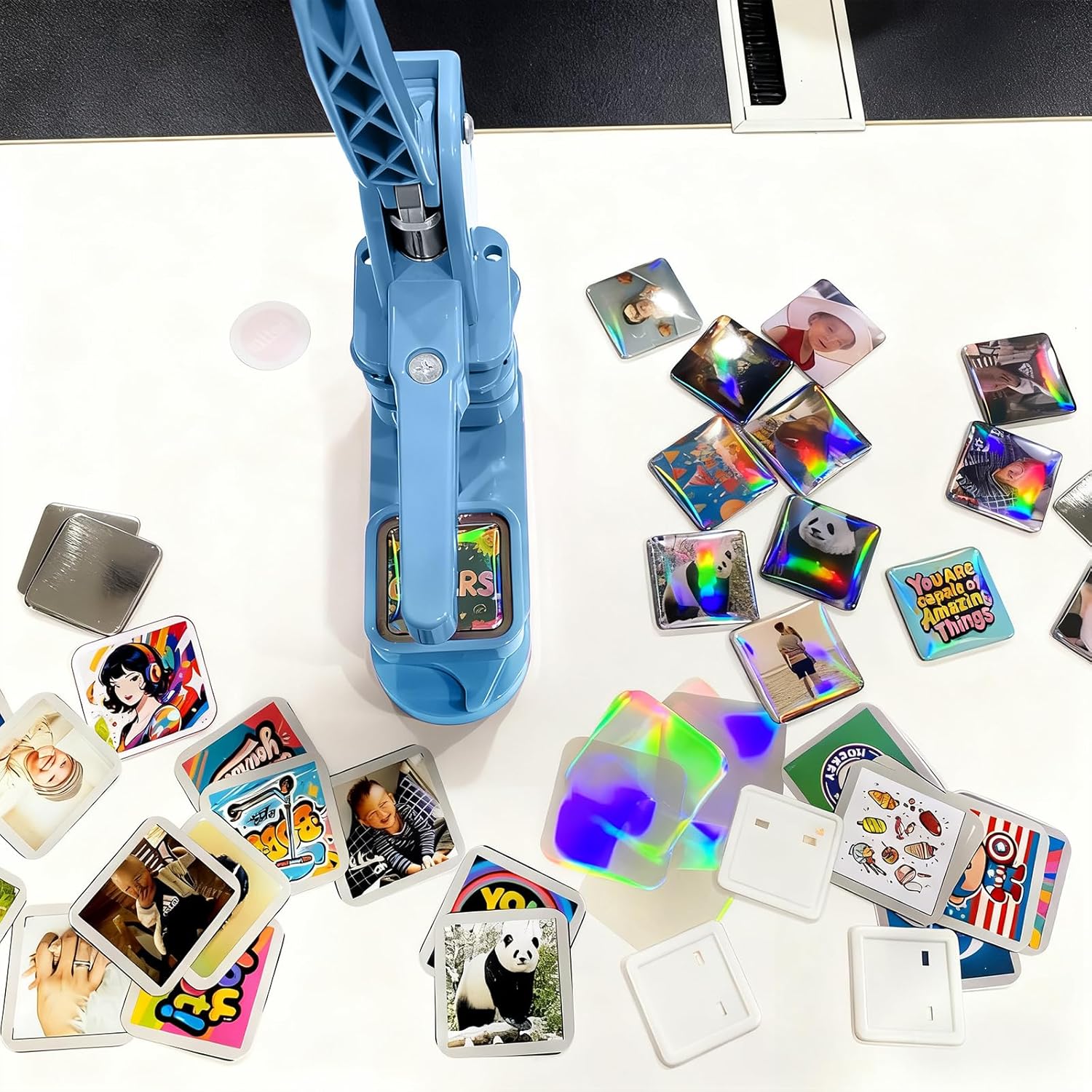 Square Photo Magnet Button Maker Kit - 2'' x 2'' Button Press Machine with 100 Set Fridge Magnet Making Supplies(Metal Cover, Iridescent Film, Back Inserts), for Crafting, Home Use, Small Business