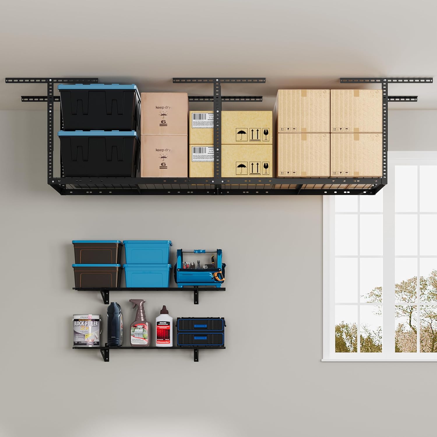 FLEXIMOUNTS 2x8 Overhead Garage Storage Adjustable Ceiling Storage Rack with 2-Pack 1x4ft 12-inch-by-48-inch Wall Shelf, 400lbs+300lbs Capacity, Black