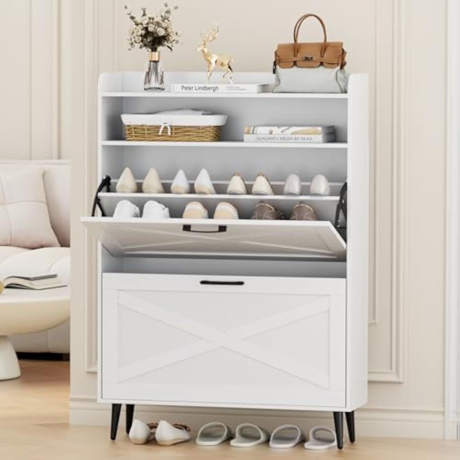 DHH Shoe Storage Cabinet for Entryway, Slim Shoe Organizer with 2 Flip Drawers, Narrow Shoe Rack Storage Cabinet with Metal Legs, Farmhouse Hidden Shoe Cabinet for Foyer, Front Door Entrance (White)