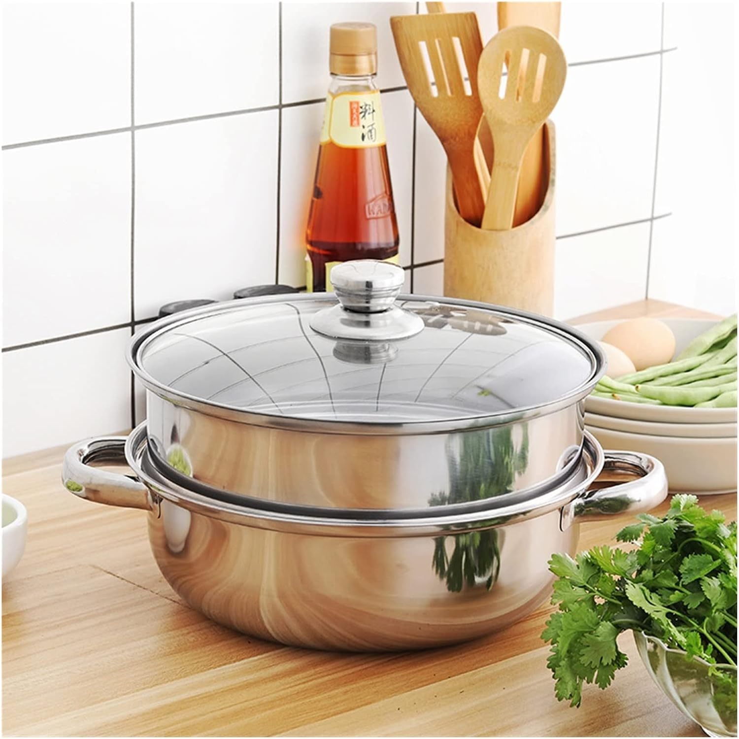 Stainless Steel Double-deck Steamer Pot Rice Noodle Roll Soup Steamed Buns Cake Boilers Kitchen Tools Cookware