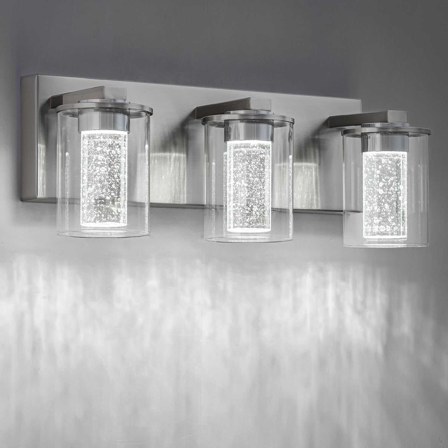 SineRise Brushed Nickel Vanity Light (3-Light, 17-Inch), (3000K/4000K/6000K, Dimmable), Eye Protection LED Bathroom Light Fixture, Modern Wall Light Over Mirror with Clear Glass Shade