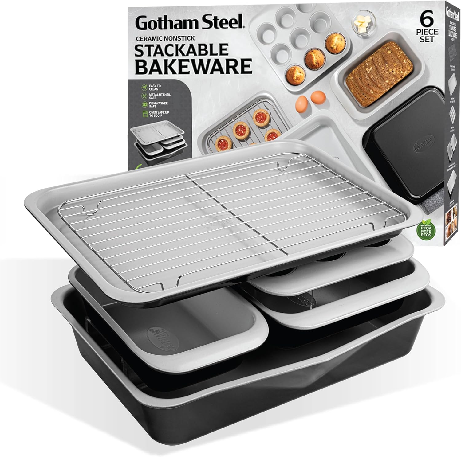 Gotham Steel 6 Pc Stackable Baking Pans Set, 70% Space Saving Design, Ceramic Bakeware Sets Non Toxic Made Without PFOA PFOS, with Baking Sheet Tray, Cake & Muffin Pans, Oven & Dishwasher Safe