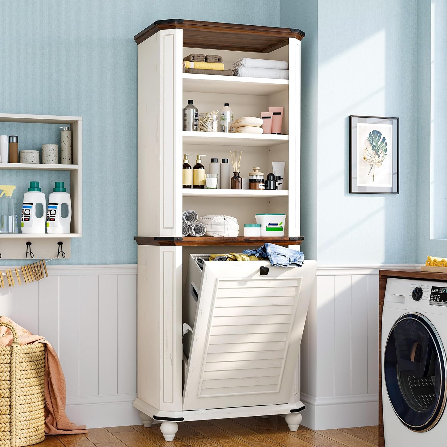 DWVO Tilt Out Laundry Hamper, Farmhouse 4-Tier Storage Cabinet with Removable Laundry Basket, Laundry Hamper Organizer with 2 Adjustable Shelves for Laundry Room, Bathroom, White