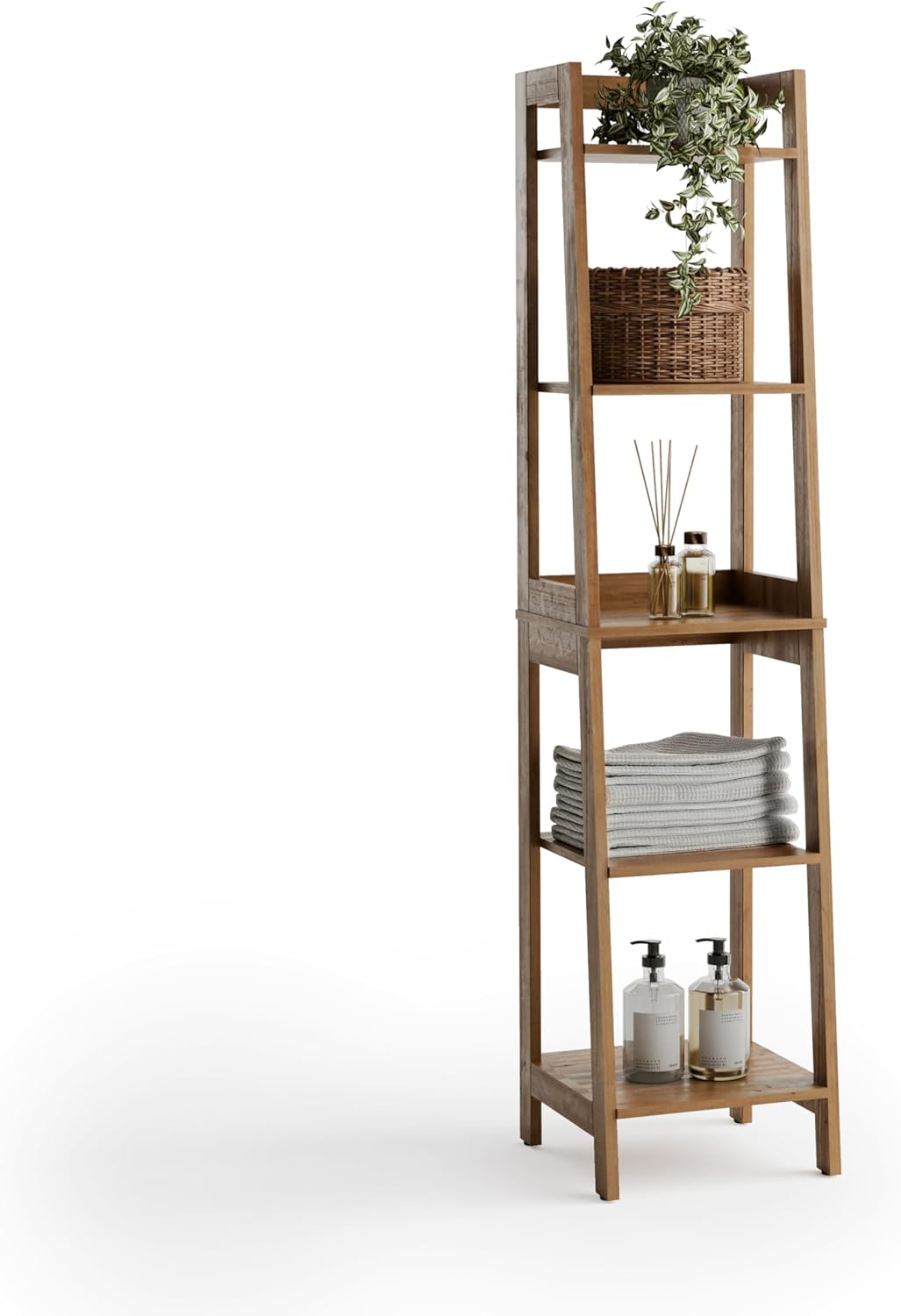 Zenna Home Bamboo Linen Tower with 5 Shelves, A-Frame Shelving Unit for Bathroom, Laundry and Other Household Storage, Natural Finish