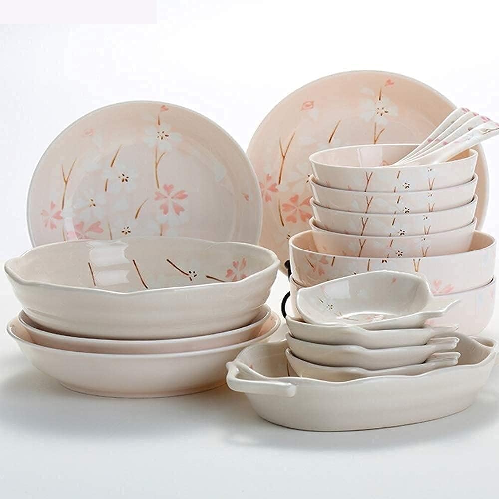 Dinner Plate Luxurious Dinner Set for Party or Ws, 20 Pieces Dinnerware Set, Patterned Porcelain Japanese Blossom Dinner Set with Bowl Soup Plate, for 6, Great