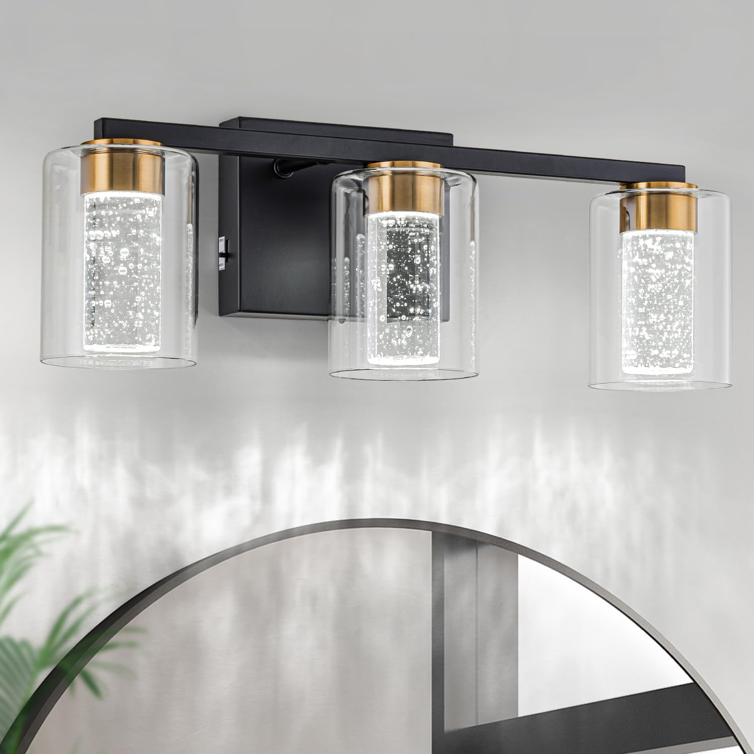 SineRise 3-Light Gold Vanity Light with 3 Color Modes (3000K/4000K/6000K), Eye Protection LED Bathroom Light Fixture, Dimmable Modern Wall Light Over Mirror with Clear Glass Shade