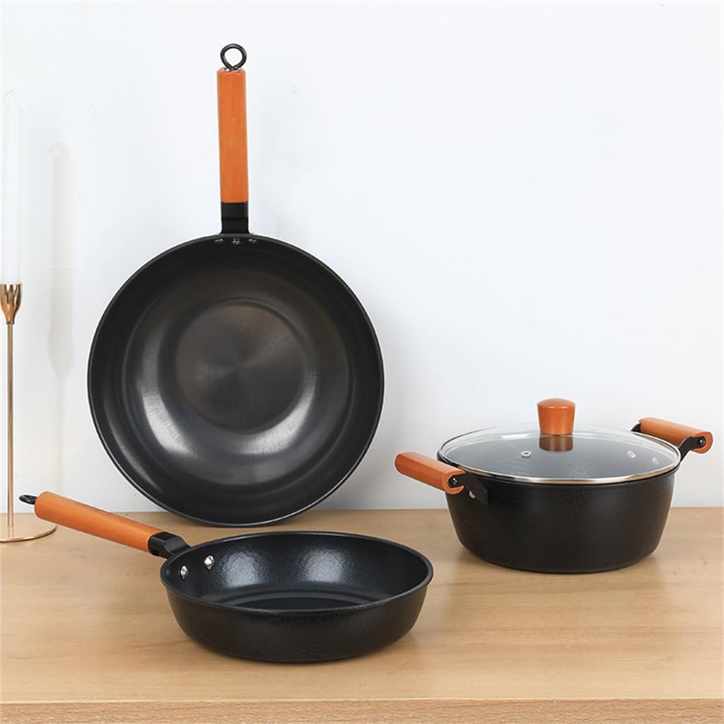 Non-stick Pan Set Flat Frying Wok Saucepan Soup Pot Gift 3 Pieces Camping Kitchen Supplies