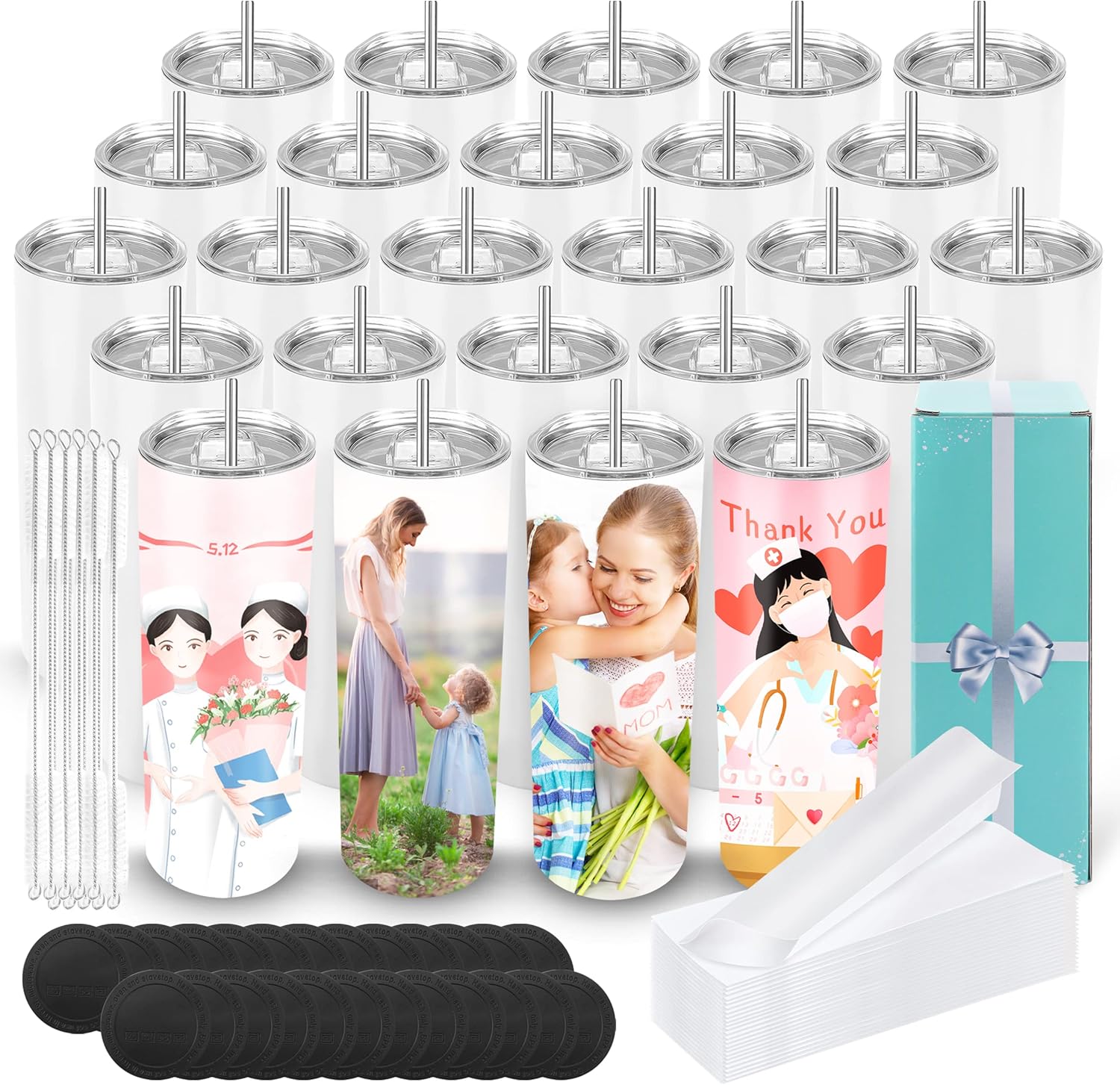 D·S 25 Pack Sublimation Tumblers Bulk 20 oz Skinny Straight Flat Bottom Blank Tumbler Cups with Individual Gift Boxed for Heat Transfer DIY Craft