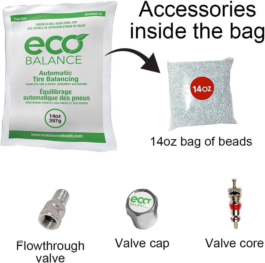 ECO Balance 14-EB12 Centrifugal Force Tire/Wheel Balancing Beads - Off-Road Vehicles, Light Duty Truck Tires, (12) 14oz Balance Bead Bags, (12) Valve Caps and Cores