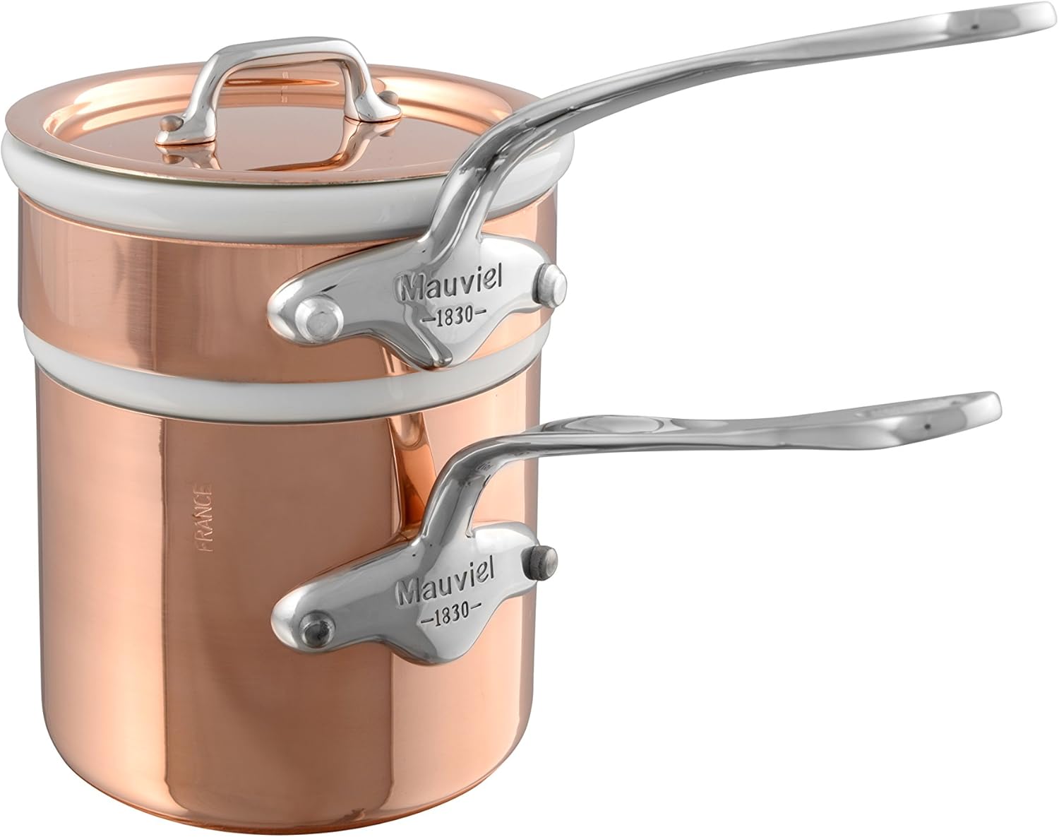 Mauviel M'Heritage 150 S Copper Tinned Bain Marie With Lid, And Cast Stainless Steel Handle, 0.9-qt, Made in France