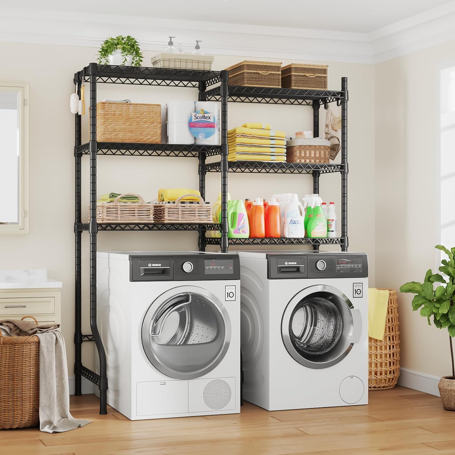 U15 Over Washer and Dryer Storage Shelves, Laundry Above Washer Dryer Storage Rack Space Saver, 6-Tier Wire Shelf with 4 Hooks for Organization, 63.4