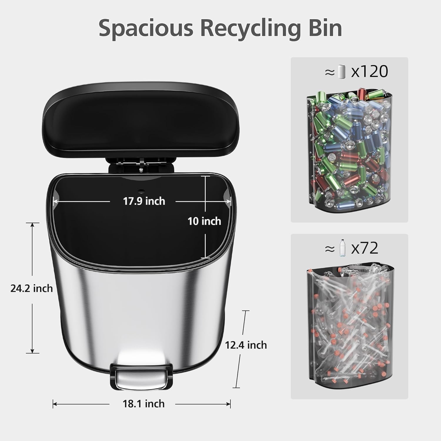 13.2 Gal/50L Trash Can, D-Shape Stainless Steel Trash Can with Recycling Bin, Fingerprint-Resistant, Soft-Close Lid, Step-on Garbage Bin, with Removable Inner Buckets