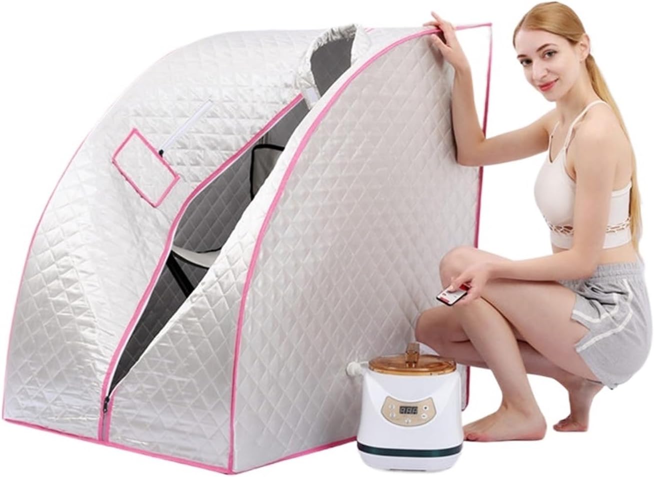 Fast Heating Portable Home Sauna with Remote Control, Infrared for 1 Person, Easy to Fold, Indoor Use, Silver Color.
