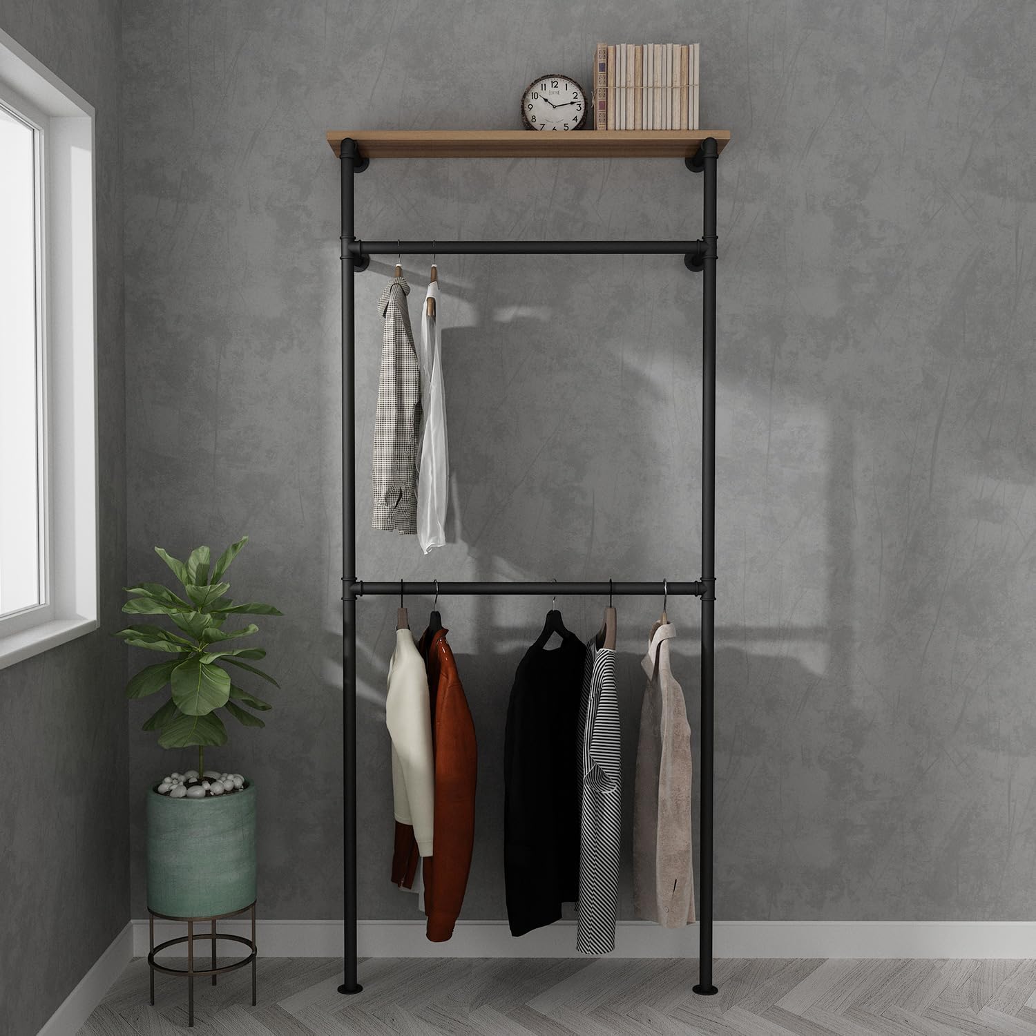 Industrial Pipe Clothing Rack,Clothes Rack for Wardrobe, Bedroom and As Walk-in Closet System.Sturdy Clothing Racks for Hanging Clothes,Wall Mounted Heavy Duty Clothes Rack,Black A