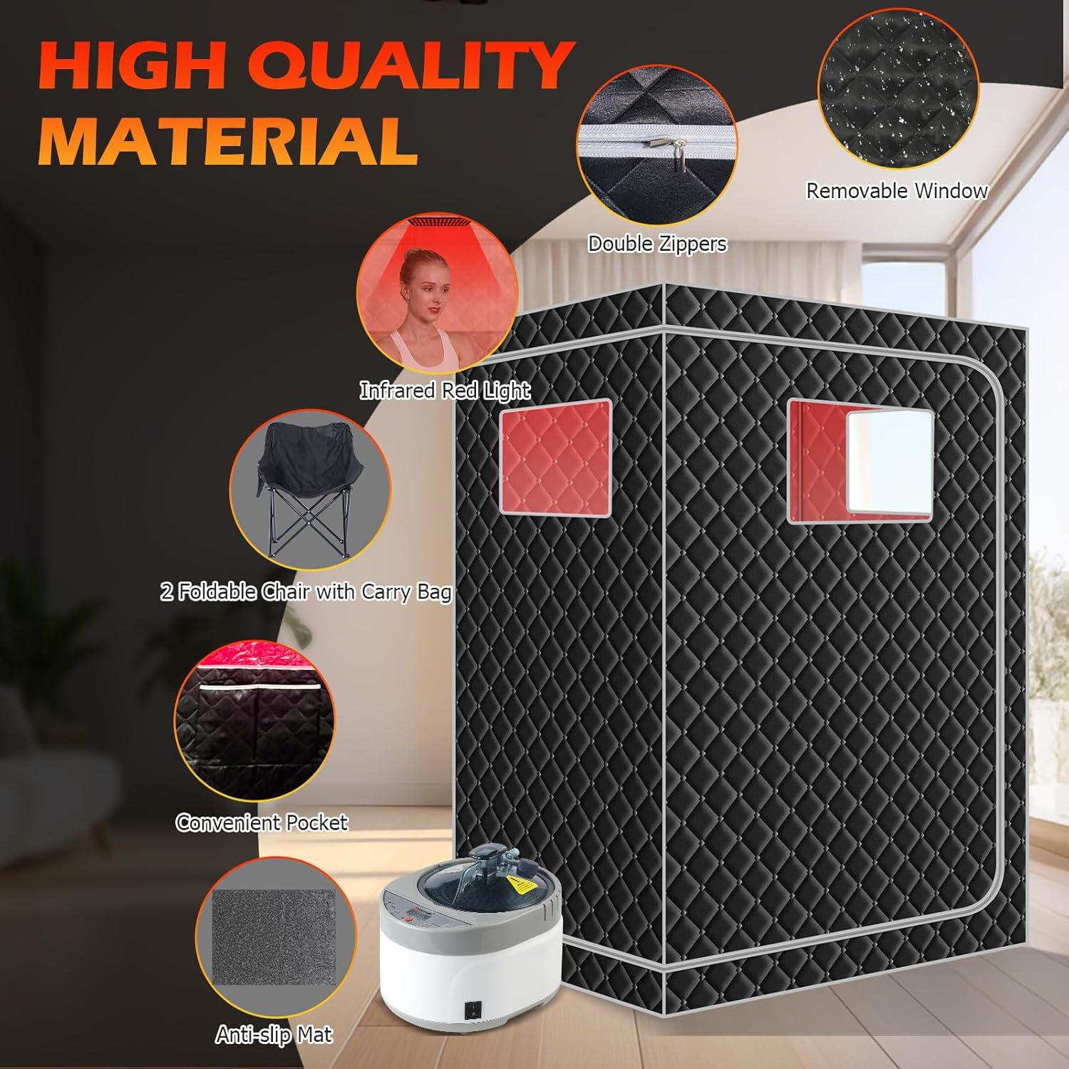 Smartmak 2 Person Portable Steam Infrared Sauna Box with 660nm Red Light Therapy Lamp for Home Relaxation, 4 L 1500W Steamer Extra Large Full Body Saunas Spa Tent, Remote Control, 2 Folding Chairs