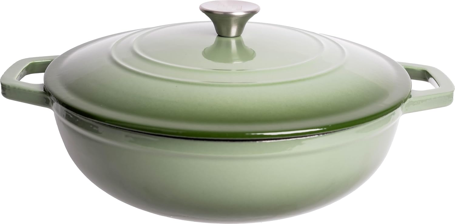 Lexi Home Cast Iron Enameled Dutch Oven Pot with Lid 5 qt, Sauce Pan, Pasta Server, Stove Top Pot, Dish for Sourdough Bread, Slow Cooking Chicken, Soup & More, Kitchen Cookware - Green
