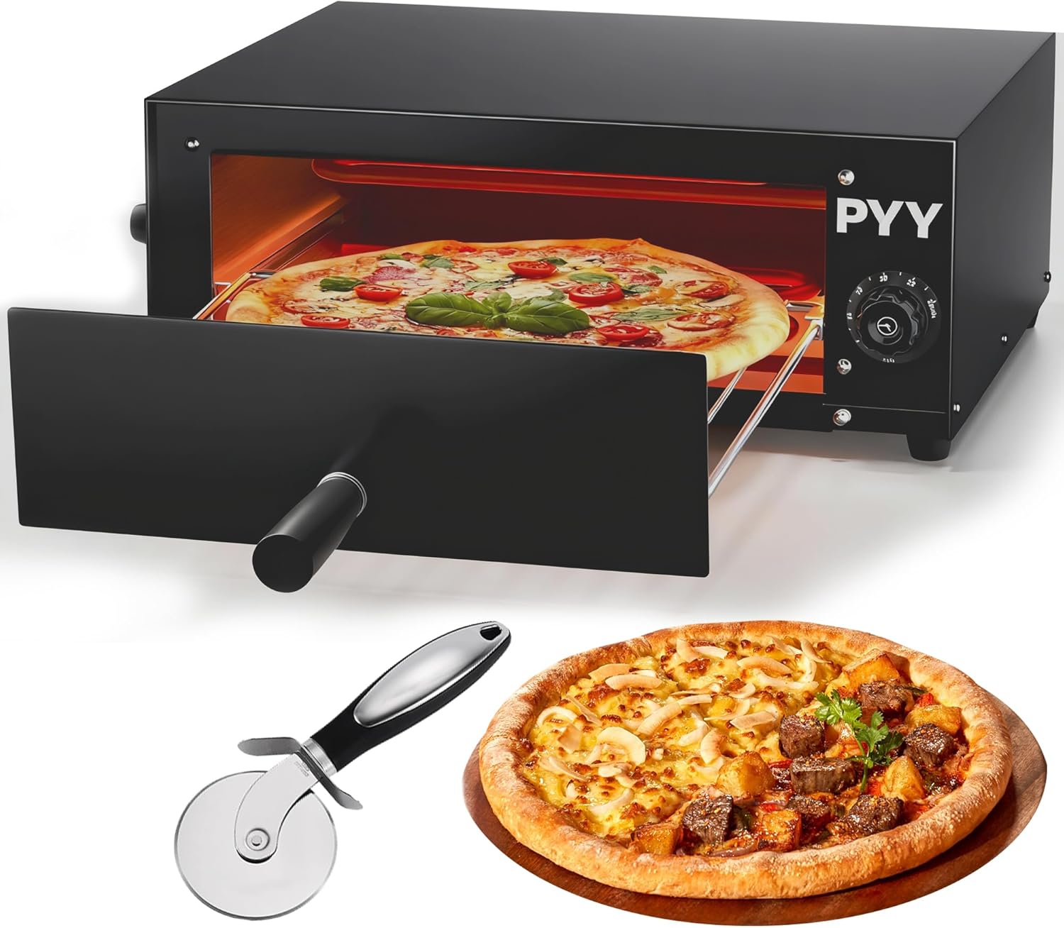 PYY Pizza Oven Electric - 12 Inch Tabletop Pizza Oven Indoor Stainless Steel Professional Pizza Cooker Baker Countertop with Timer & Crumb Tray for Home Restaurant 1100W,Silver