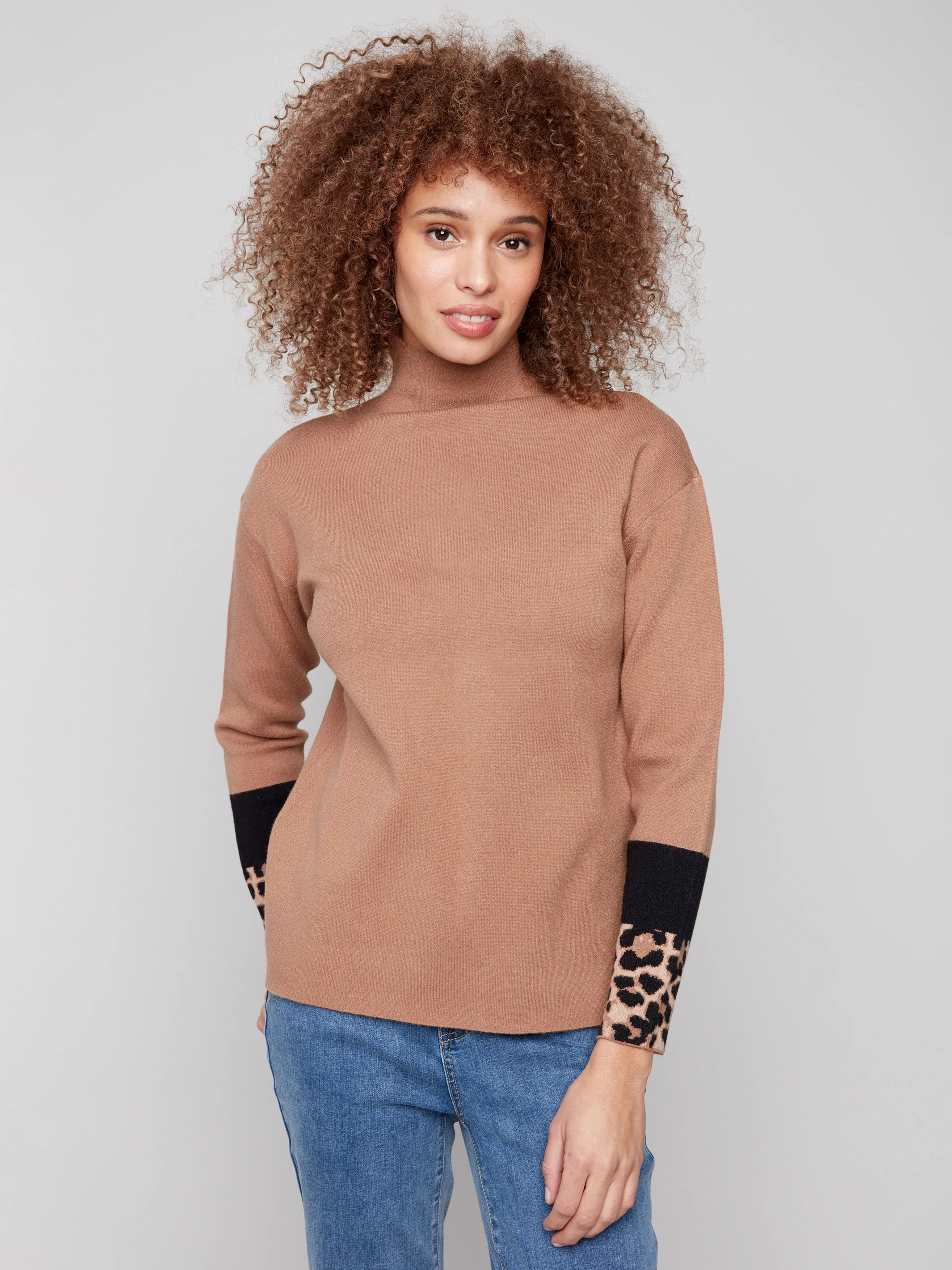 Funnel Sweater With Animal Print Sleeve Detail - Truffle - WHSBYS
