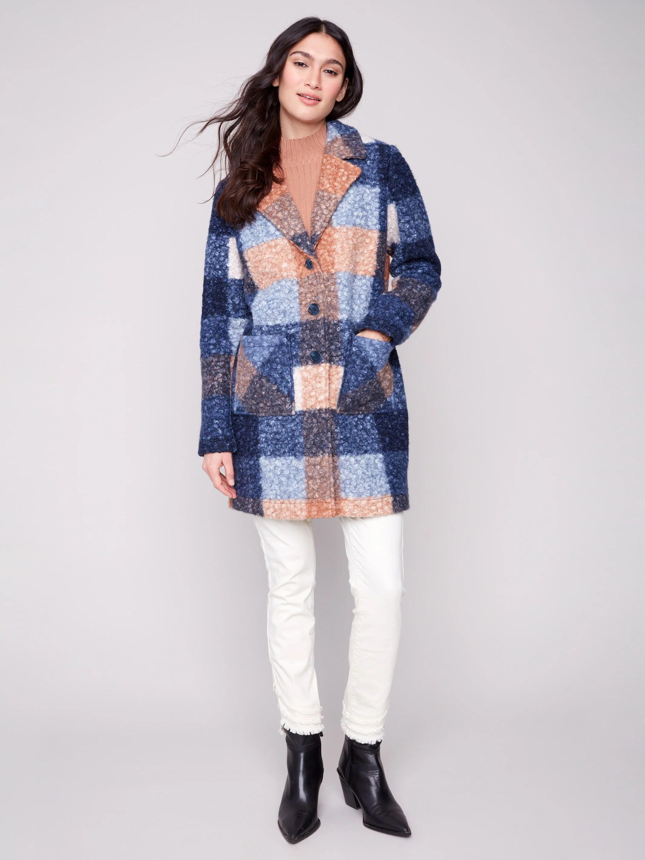 Plaid Bouclé Knit Coat - Moonlight - WHSBYS