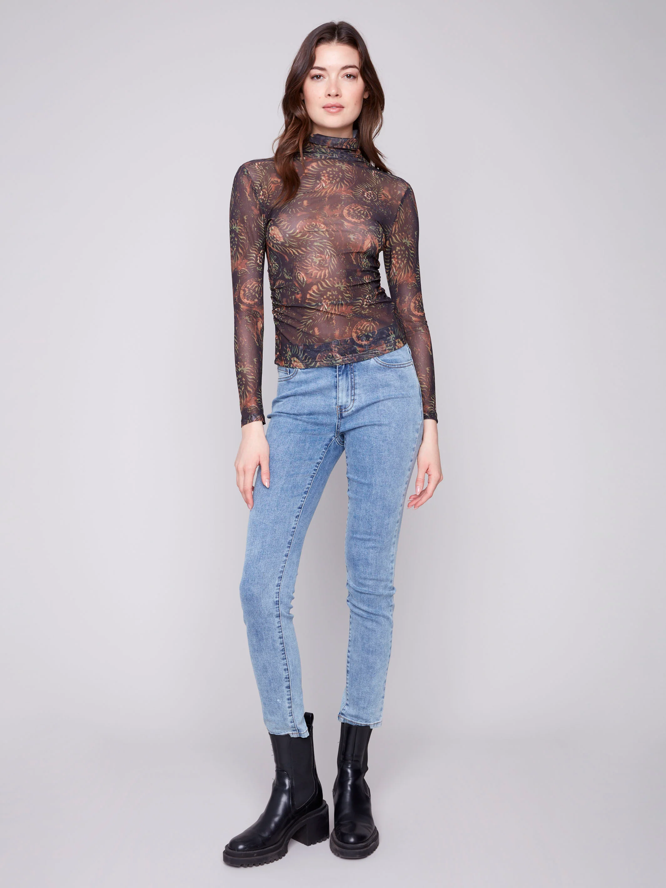 Printed Mock Neck Mesh Top - Spruce - WHSBYS