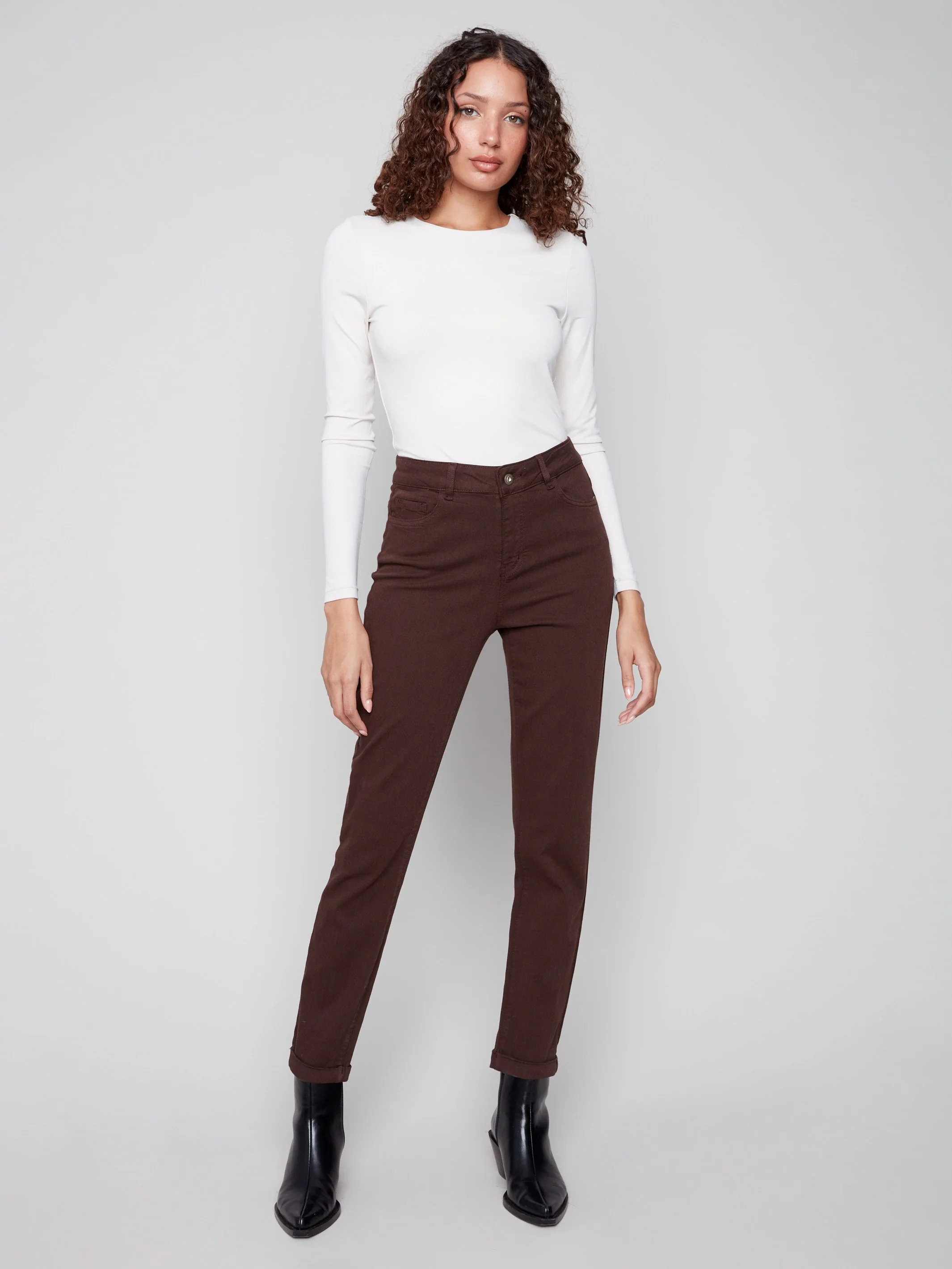 Cuffed Hem Twill Jeans - Mocha - WHSBYS