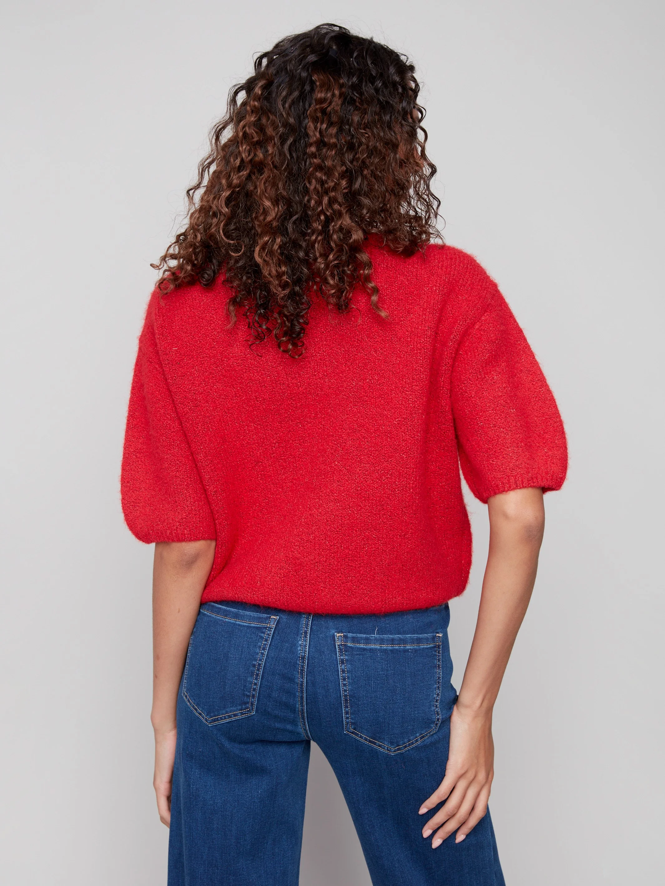 Balloon Elbow Sleeve Knit Sweater - Crimson - WHSBYS
